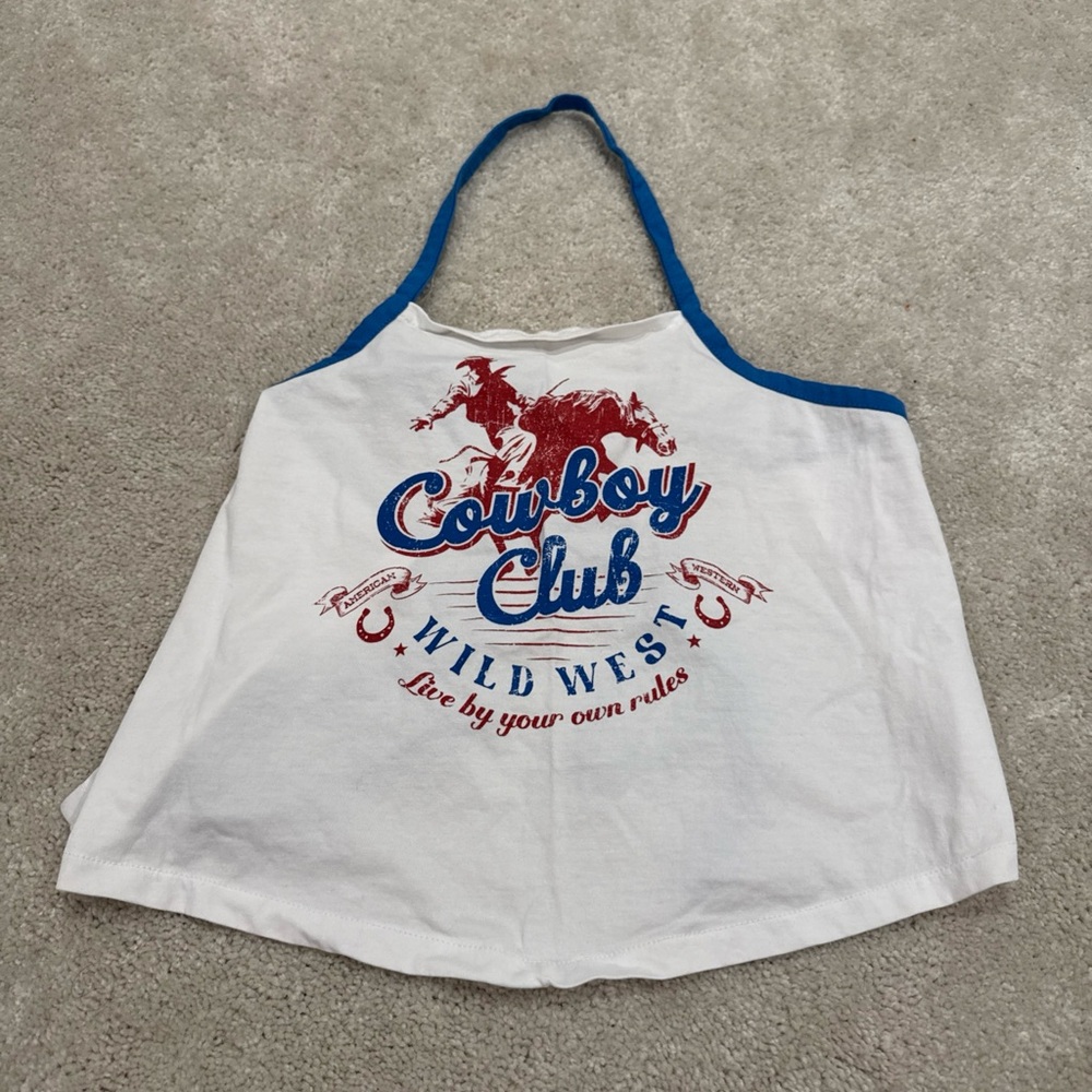 Cowboy Club Women's White and Blue Crop Top
